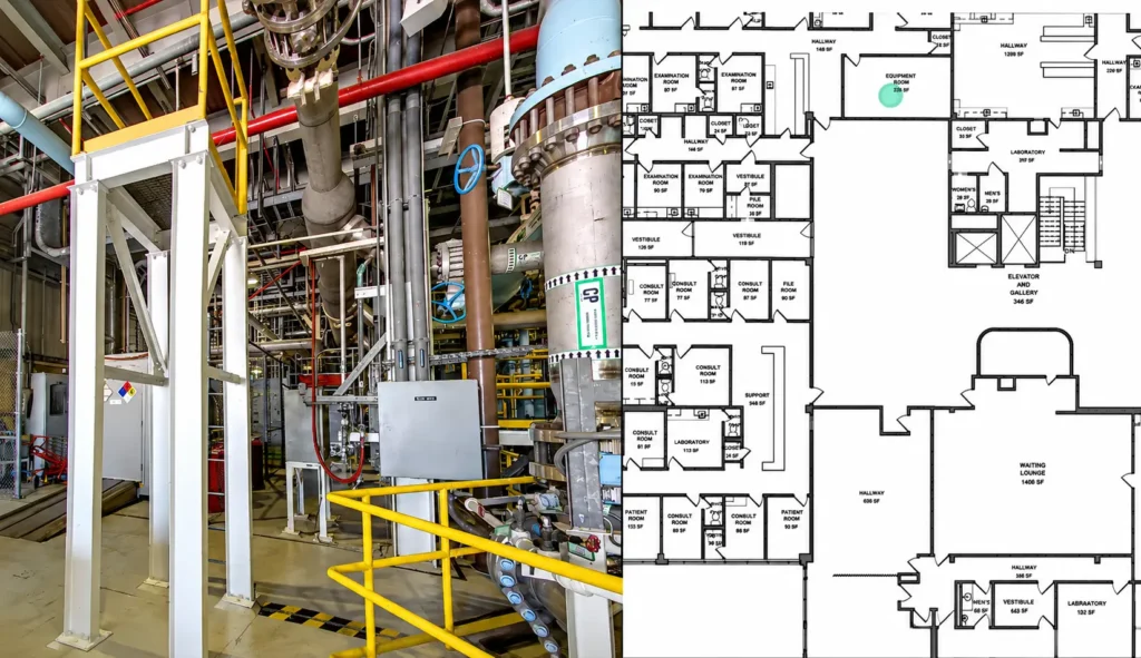 OcuMap visual documentation platform showing a Level 2 floor plan linked to a 360° photo of the building's mechanical room